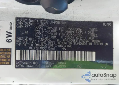 2006 Toyota Highlander V6 z USA, uszkodzony, nr VIN JTEDP21A060115766